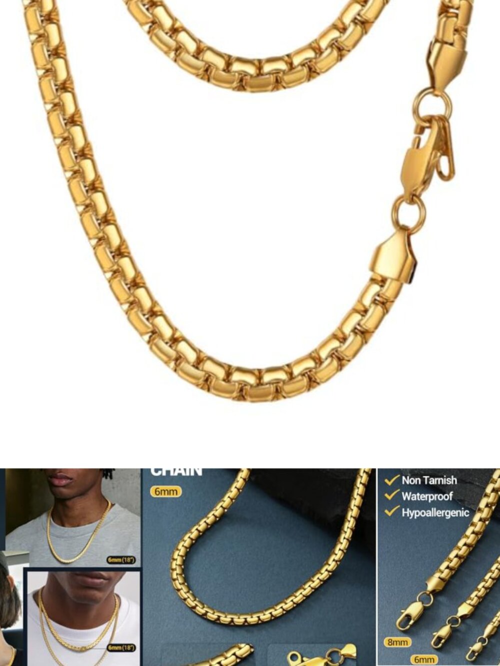 PROSTEEL Stainless Steel 18K Gold Plated Box Link Chain Necklace Men 20 Inch
